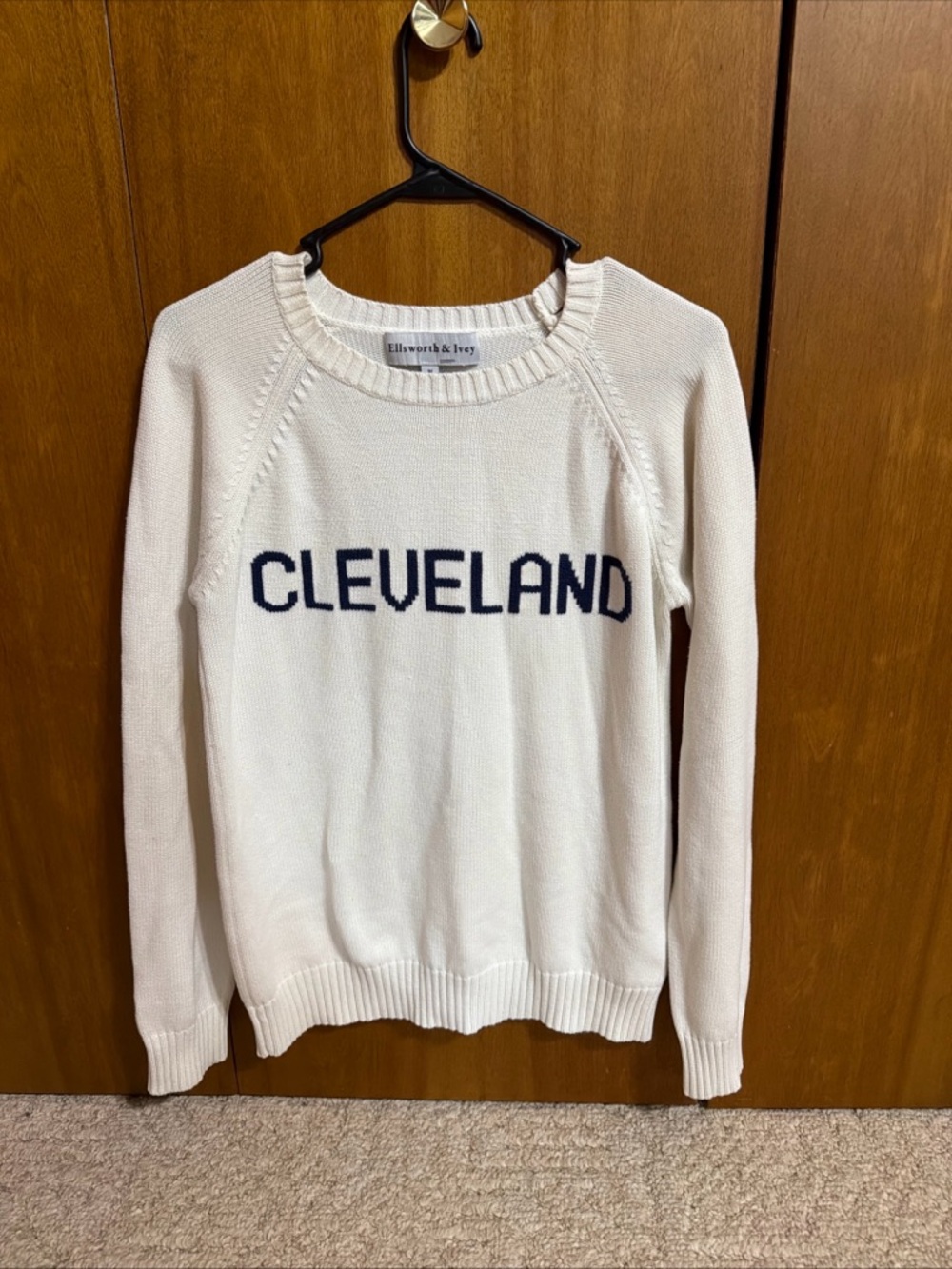 Ellsworth & Ivey Cream Crewneck Sweater with Navy 'Cleveland' Intarsia